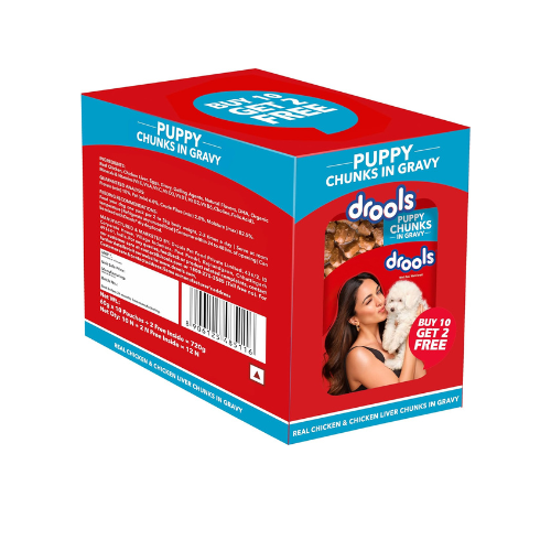 Drools Puppy Wet Dog Food, Real Chicken and Chicken Liver Chunks in Gravy,10 Pouches + 2 Pouches Free (12 x 60g)