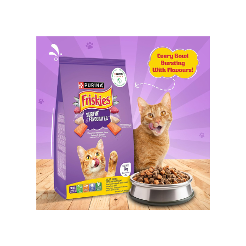 PURINA FRISKIES Surfin' Favourites Cat Food, Mackerel Tuna Salmon & Sardine Flavours, 1kg, Packet, Adult, Kibble