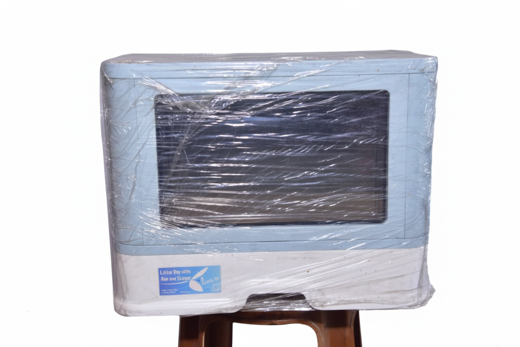 Large Enclosed Cat Litter Box with Swing Door – Odor-Control Covered Litter Tray (Blue & White)