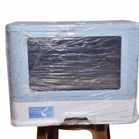 Large Enclosed Cat Litter Box with Swing Door – Odor-Control Covered Litter Tray (Blue & White)