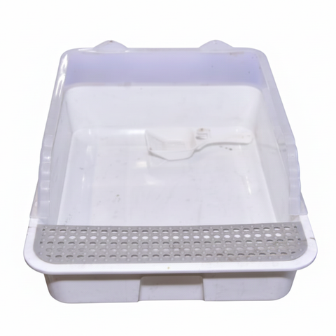 Premium Open Top Cat Litter Tray with High Rim & Scoop – White