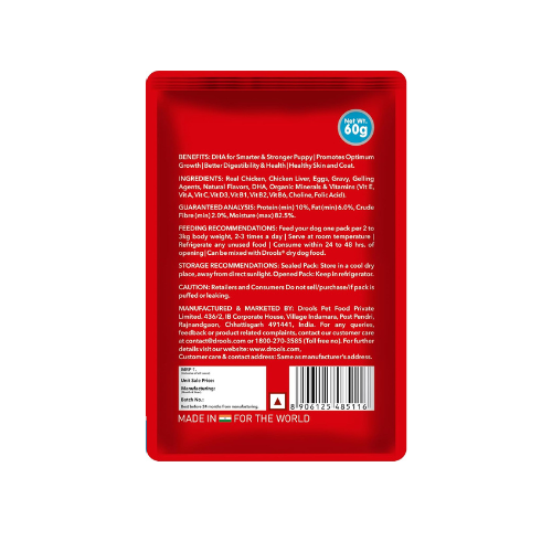 Drools Puppy Wet Dog Food, Real Chicken and Chicken Liver Chunks in Gravy,10 Pouches + 2 Pouches Free (12 x 60g)